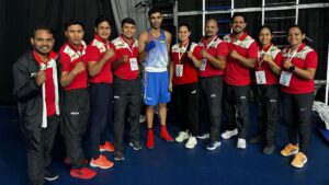 Preet Malik 67kg poses with the support staff after his win on Tuesday at Asian U-22 Youth Boxing Championships 2024