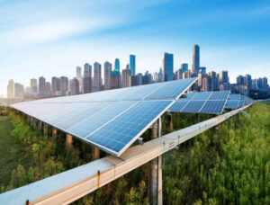 Photovoltaic and modern city skyline, China Chongqing.