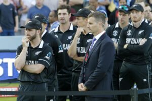 London: London: New Zealand players after losing the final match of the 2019 World Cup against England at the Lord's Cricket Stadium in London, England on July 14, 2019. (Photo: Surjeet Yadav/IANS)