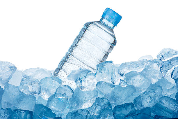 Water bottle on ice cube with white background
