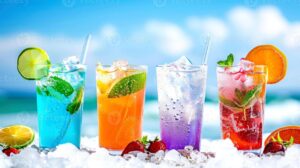 colorful-tropical-drinks-on-the-beach-with-blue-sky-and-sea-background-summer-vacation-concept-photo